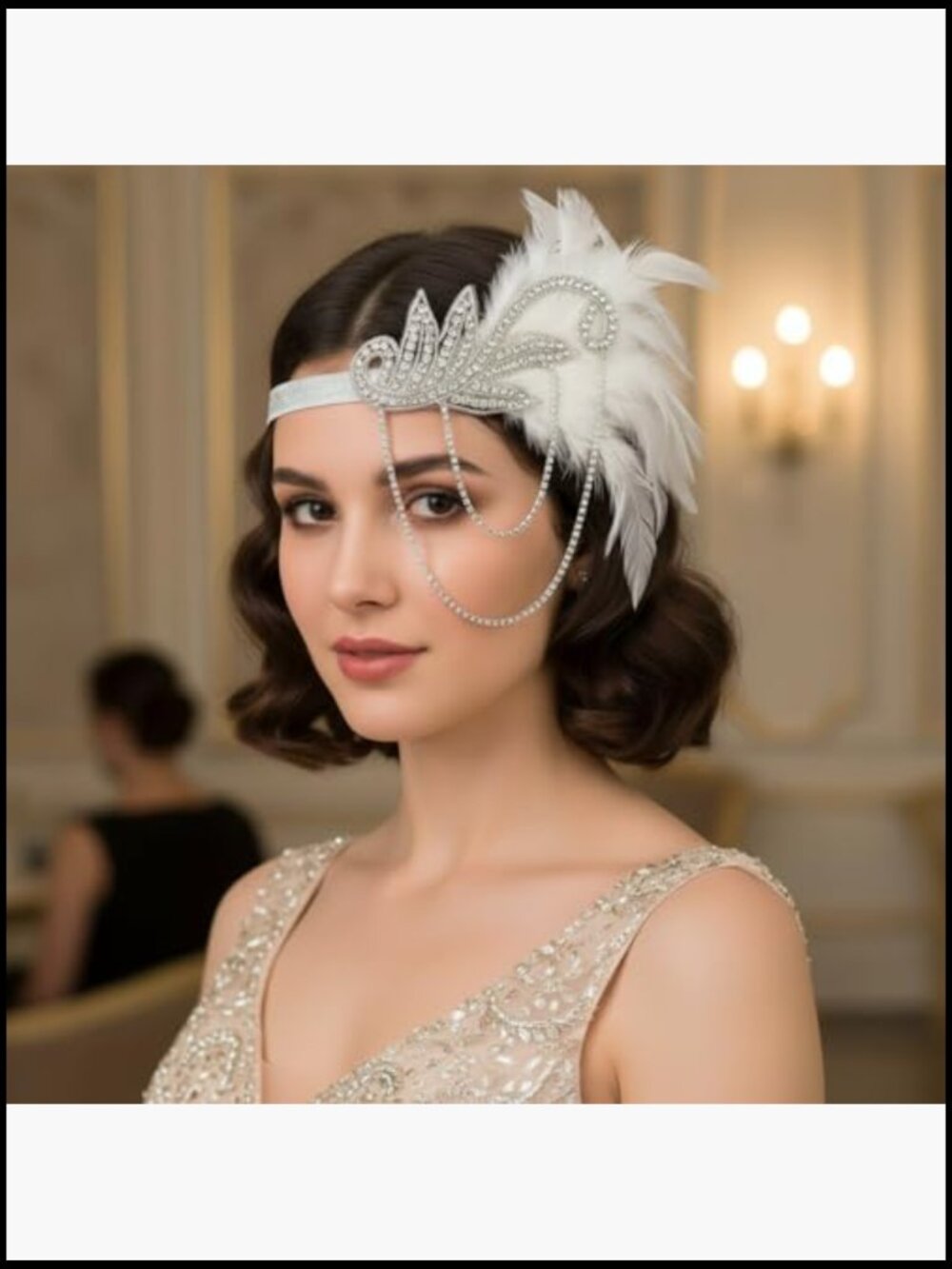 Flapper Vintage Peacock Feather Gatsby Beaded Tassel Headpiece - Picture 3 of 5